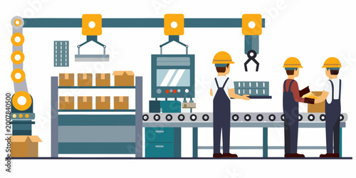 Bild auf Leinwand Factory workers on assembly line flat vector illustration with white background