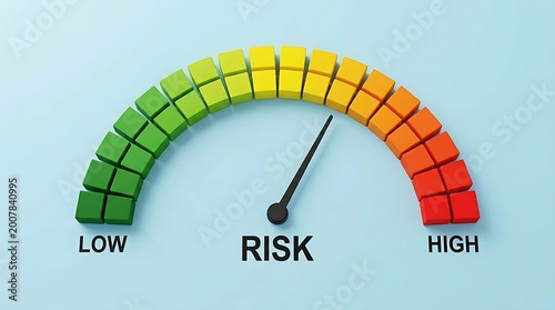 ​A colorful wooden block risk meter gauge on a light blue background with a needle pointing to medium risk.
