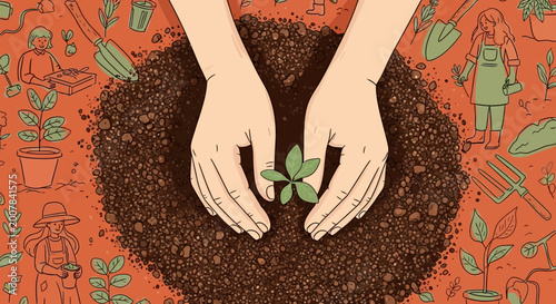Obraz na plátně Hands Holding Small Green Plant Soil.