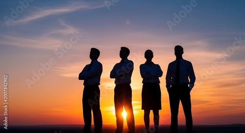 Business people stand in a row against a vibrant sunset sky.