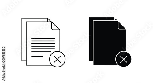 Tableau sur toile Document file icons with cancel delete cross mark in outline and solid styles representing file removal and paperwork rejection on plain white background