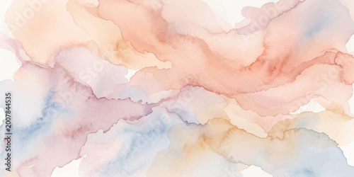 Schilderij op canvas Abstract watercolor blend of soft peach, coral, rose, and sky blue hues, creating flowing, organic shapes reminiscent of gentle waves or wispy clouds