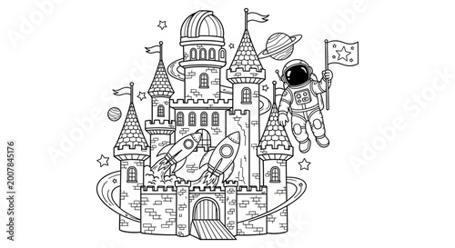 Foto Castle towers rise majestically into the night sky while an astronaut floats nearby waving a flag in this imaginative space themed black and white coloring page illustration for young children