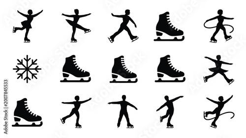 Cuadro en lienzo Set of 15 Black Ice Skating Figure Skater and Skate Icons Vector