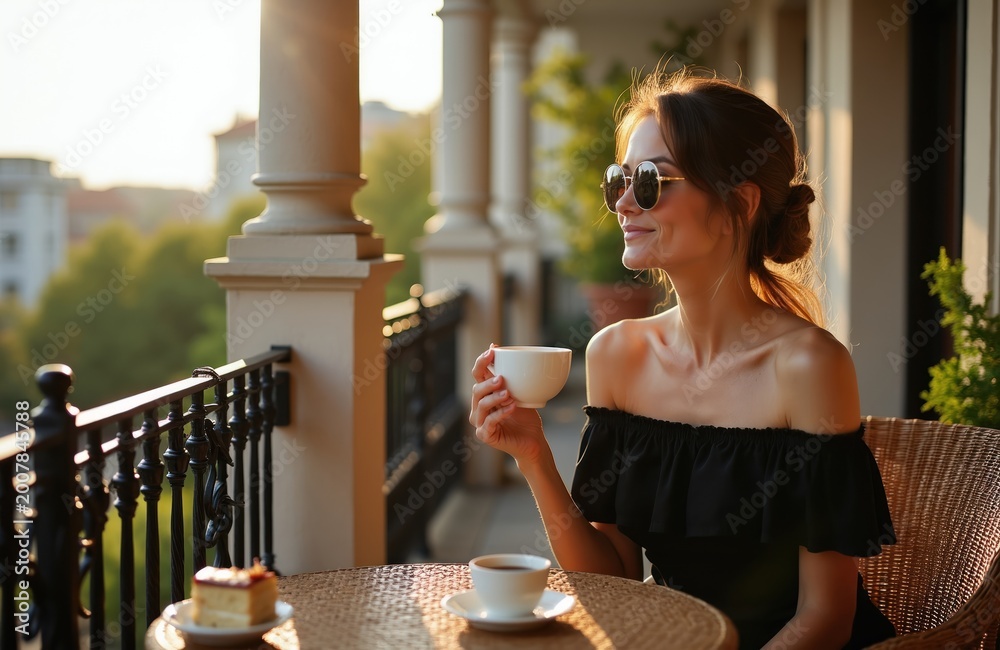 Obraz premium Woman sips coffee on a balcony with city view. She wears sunglasses and an elegant black dress. Cake sits on table. Sun shines on trees and buildings.