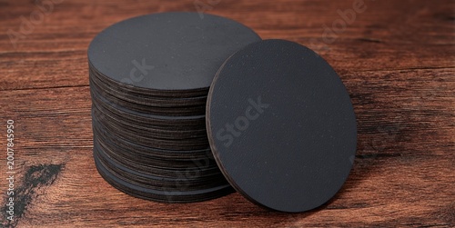 Black round beer coaster stack on rustic wood table - minimalist blank beermat mockup for bar branding and product presentation