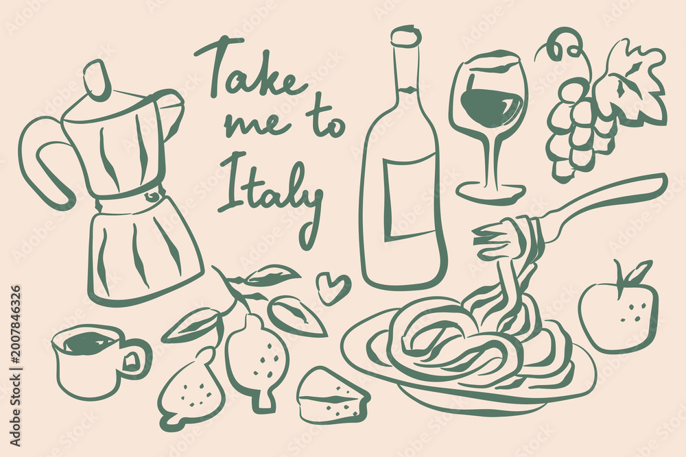 Fototapeta premium Italy food travel set green doodle pattern vector