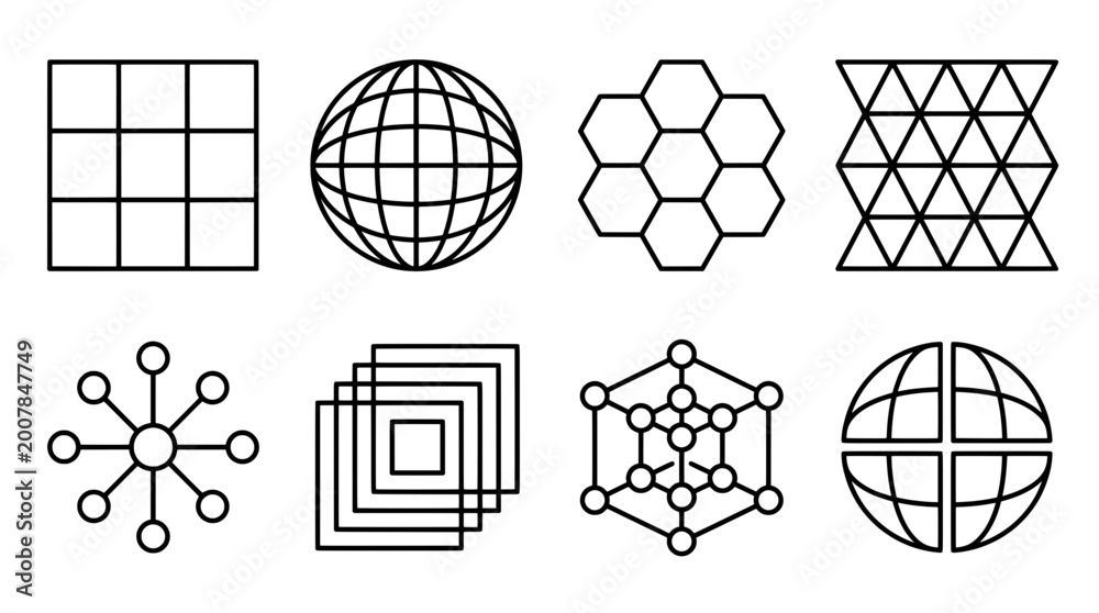 Fototapeta premium Geometric shape icon set outlined sphere grid hexagon and triangle designs