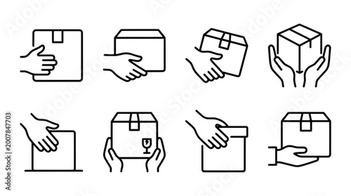 Delivery and package handling icon set outline style with hand gestures