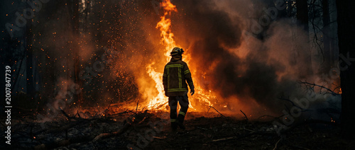 Firefighter walking through forest fighting wildfires during sunset  