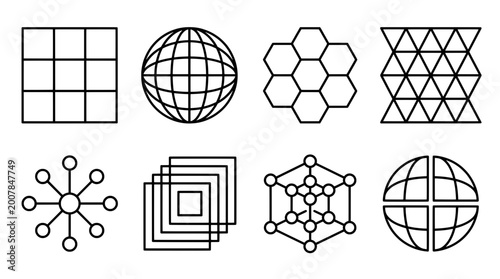 Geometric shape icon set outlined sphere grid hexagon and triangle designs