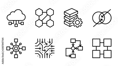 Minimal outline icon set cloud computing data storage and network elements