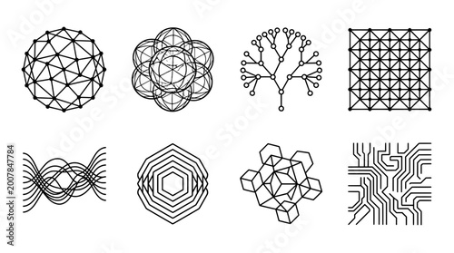 Geometric shape icon set network circuit and abstract design elements