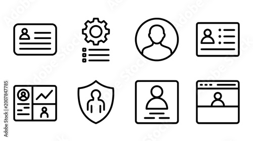 Minimal outline icon set featuring user profiles settings and data visualizations
