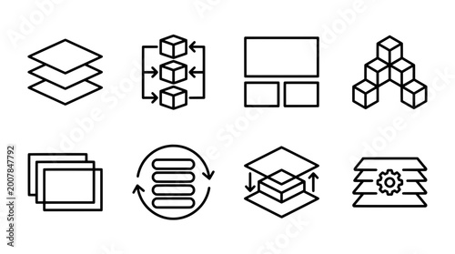 Minimal outline icons set data flow layers and structures for design
