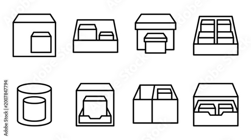 Minimal outline icon set featuring various boxes and containers