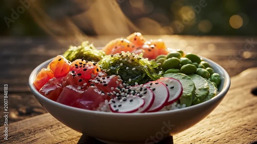 A fresh and healthy gourmet appetizer plate features a delicious vegetarian salad with green lettuce, red tomatoes, cucumber, cheese, fruits, and shrimps, making it a perfect lunch or dinner meal