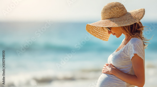 Pregnant woman stands on the beach during sunset with a large straw hat, holding her belly and looking out at the ocean