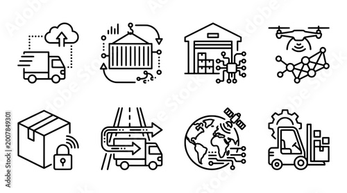 Outline icon set depicting logistics transportation and supply chain processes