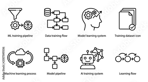 Outline icon set depicting machine learning processes and artificial intelligence