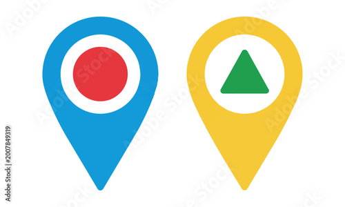 Two stylized location pin map markers side by side, featuring bold flat colors and simple geometry on a white background. Navigation concept Free Download Two stylized location pin map markers side by side, featuring bold flat colors and simple geometry on a white background. Navigation concept - GFXLoad