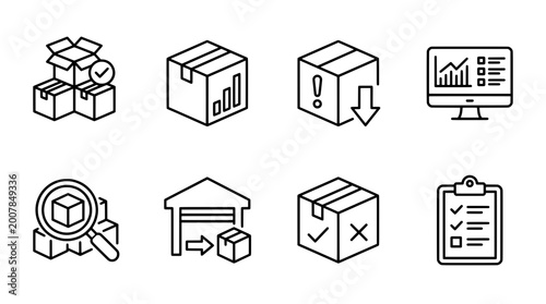 Outline icon set featuring boxes shipping and financial growth elements