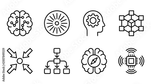 Outline icon set featuring brain gear and technology elements