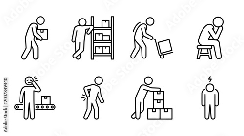 Outline icon set depicting various physical strains and symptoms