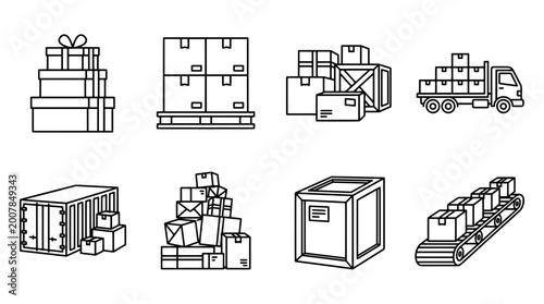 Outline icon set featuring boxes shipping containers and delivery truck