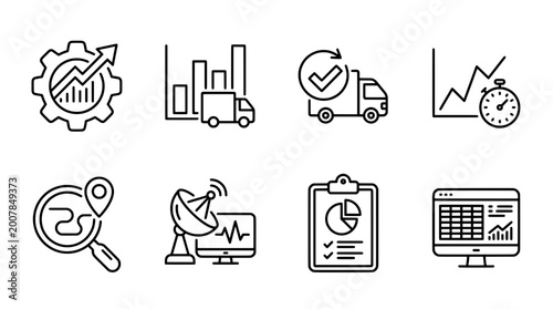 Outline icon set featuring business delivery and technology elements