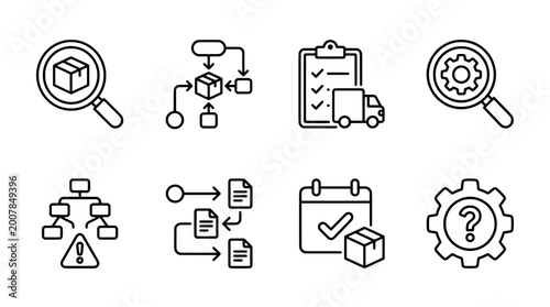 Outline icon set featuring business planning and delivery concepts