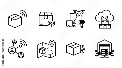 Outline icon set featuring parcel tracking delivery and logistics elements