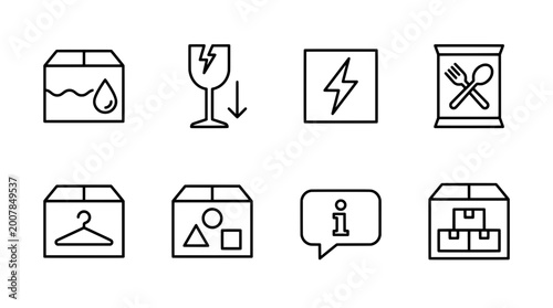 Outline icon set featuring package symbols for logistics and shipping