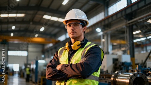 professional industrial worker in safety gear posing confidently in modern factory