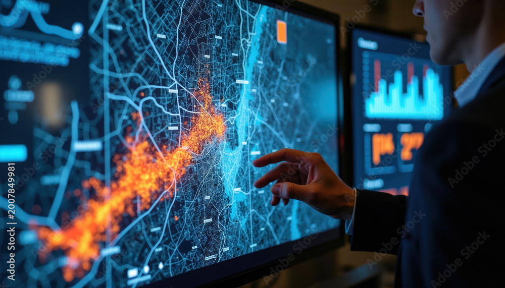 Obraz premium Man studies digital map with disaster simulation on screens. Interactive interface shows earthquake and flood data. Data analysis for emergency response planning. Modern tech display.
