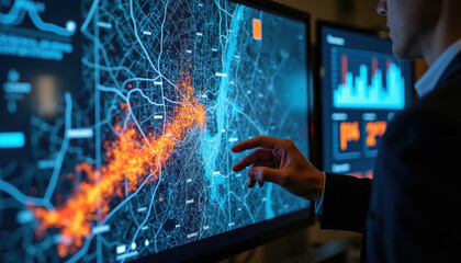 Man studies digital map with disaster simulation on screens. Interactive interface shows earthquake and flood data. Data analysis for emergency response planning. Modern tech display.