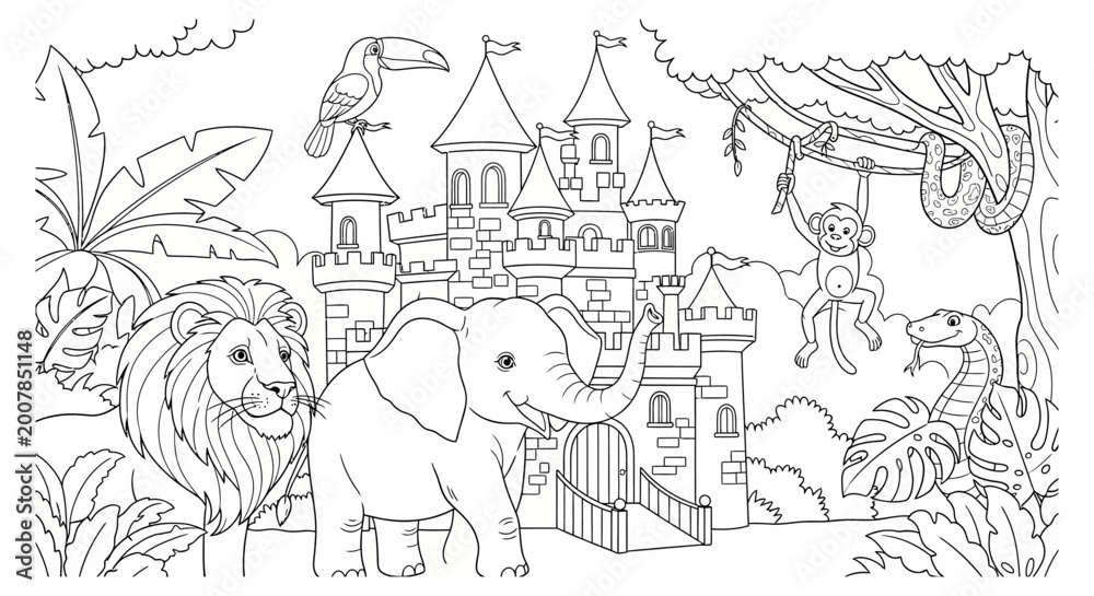 Obraz premium Lion, elephant, monkey, toucan, and snake gather around a medieval castle located deep within a lush tropical jungle environment in this complex coloring book illustration for creative students.