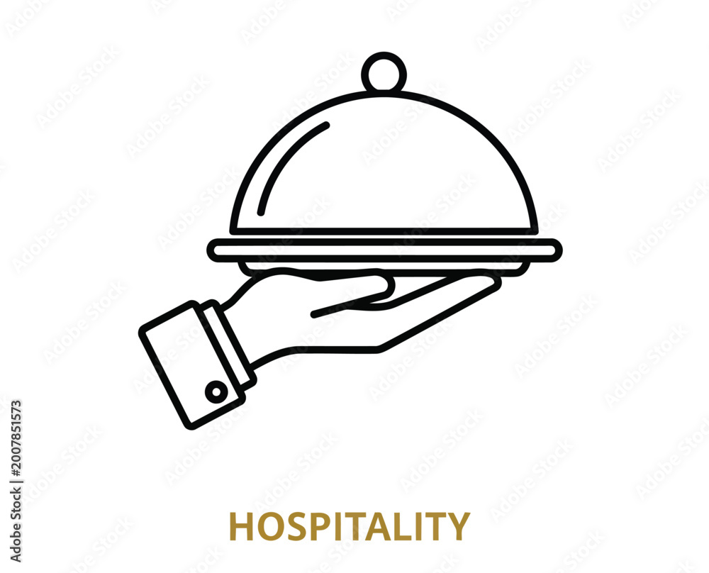 Fototapeta premium Hand holding food serving dish cloche with lid, hospitality concept illustration, restaurant service, fine dining, catered event symbol, culinary experience.