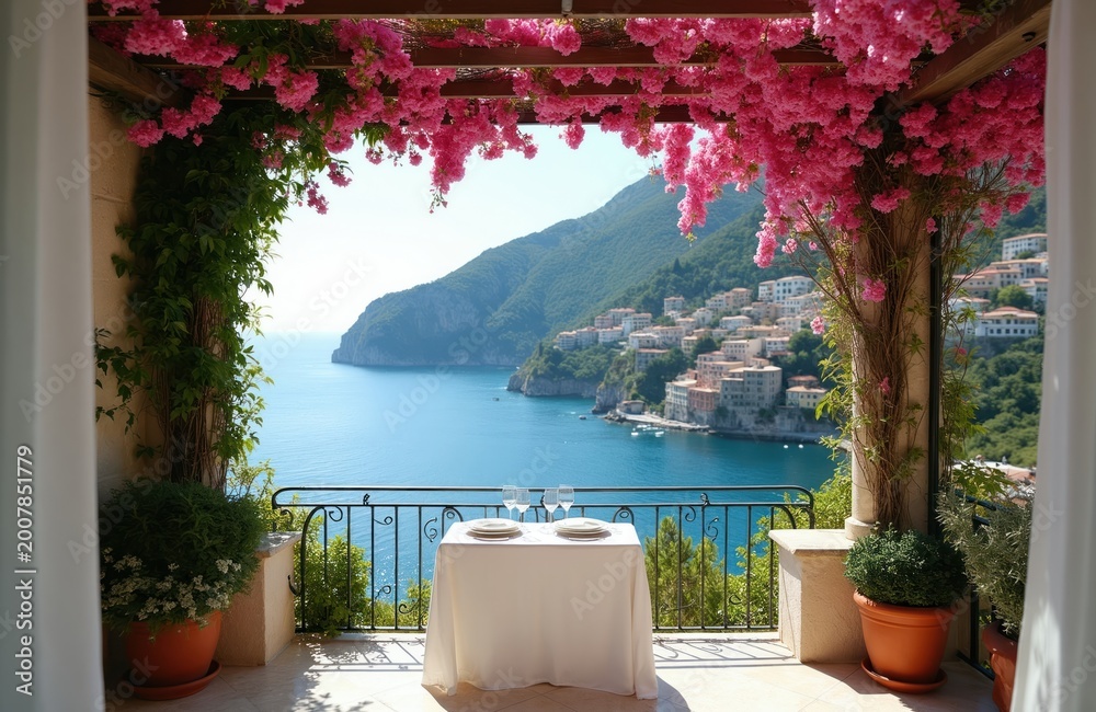 Naklejka premium Terrace cafe table set for two overlooks blue sea and italian village. Pink flowers cascade over pergola. Mountains rise behind colorful houses. Sunny day.