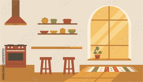 Tableau sur toile Cozy kitchen interior with stove, shelves, and small wooden table set