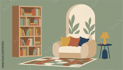 Cozy living room corner with armchair, bookshelf, and decorative lamp