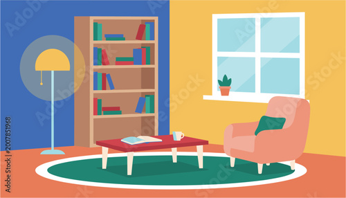Foto Cozy living room with bookshelf, coffee table, and armchair by the window