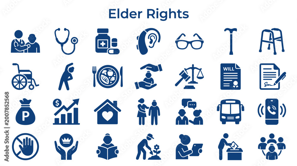 Fototapeta premium Elder rights concept icons depicting healthcare support, legal aid, financial security, and community services for seniors