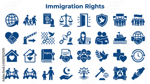 Foto Immigration rights concept with diverse icons symbolizing journey, family, law,