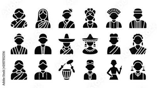Tableau sur toile Set of 18 Black Silhouette Multi-Ethnic People Avatars Vector Icons