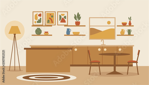 Quadro su tela Cozy wooden dining set in a warm minimalist living room with decorative shelves