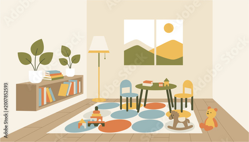 Photos Colorful cartoon children playing in a bright indoor playroom with toys and furn