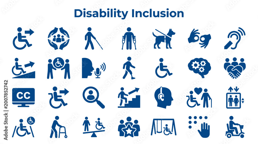 Fototapeta premium Disability inclusion icons representing accessibility diversity and equal opportunity for people with disabilities in society and the workplace