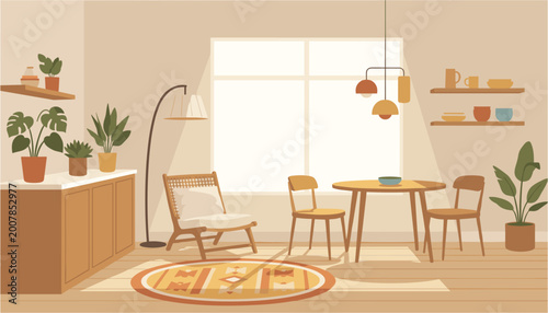 Quadro su tela Cozy modern dining room with wooden furniture and indoor plants by large windows