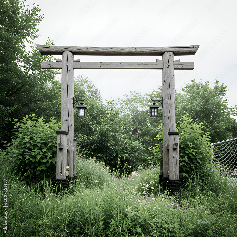 Fototapeta premium Wooden torii gate with lanterns in grassy natural setting nature traditional